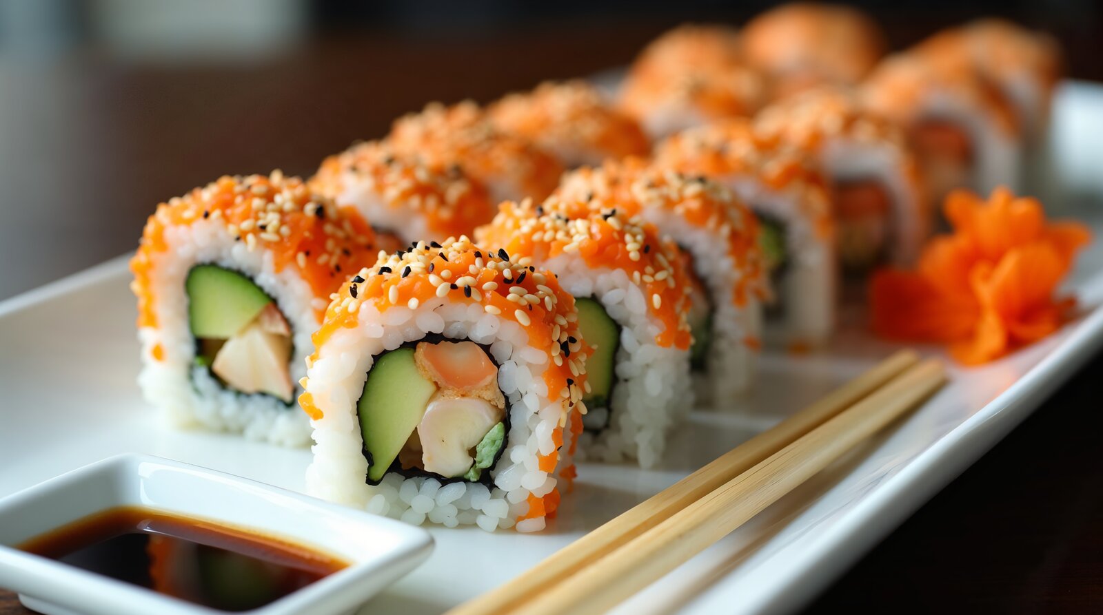 California Roll – rolki sushi inside-out z krabem, awokado i sezamem