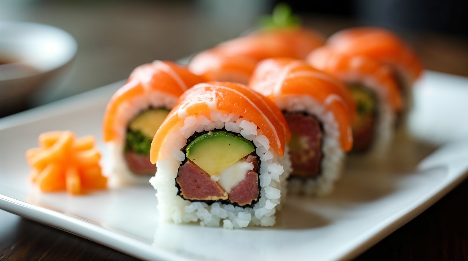 Rainbow Roll – kolorowe rolki sushi z łososiem, tuńczykiem i awokado