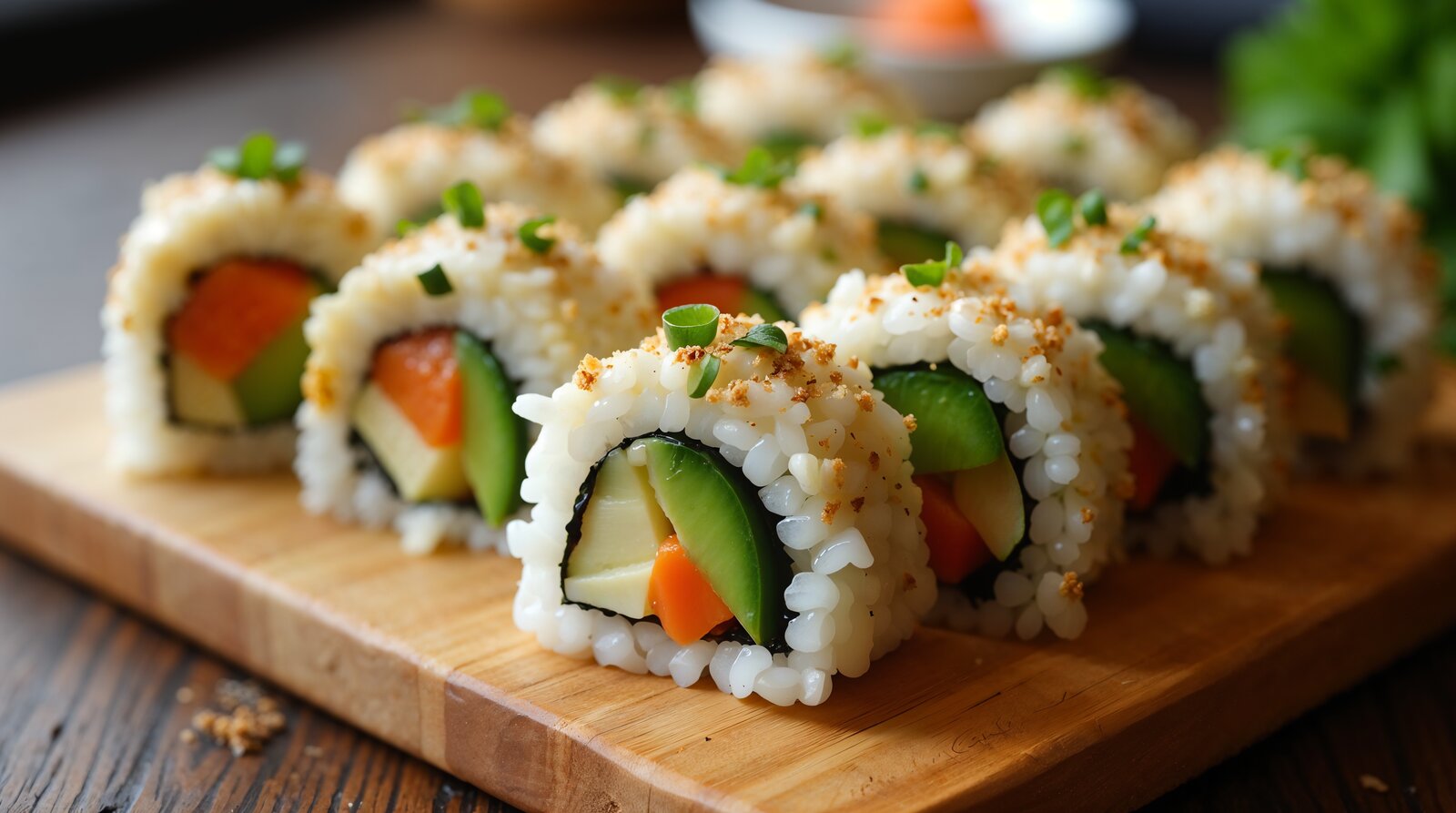 Wegetariańskie sushi maki z warzywami: ogórek, marchewka i awokado.