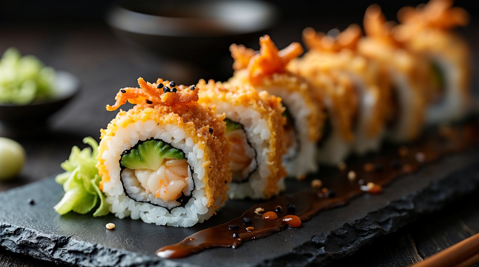Dragon Roll – rolki sushi z krewetkami w tempurze, awokado i sosem węgorzowym
