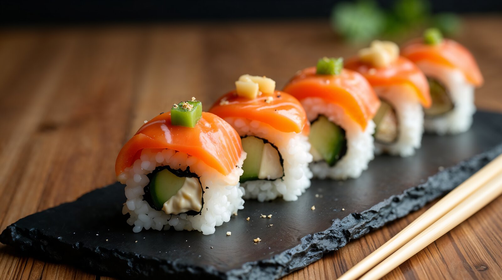 Philadelphia Roll – sushi z łososiem, serkiem kremowym i ogórkiem na łupkowej desce