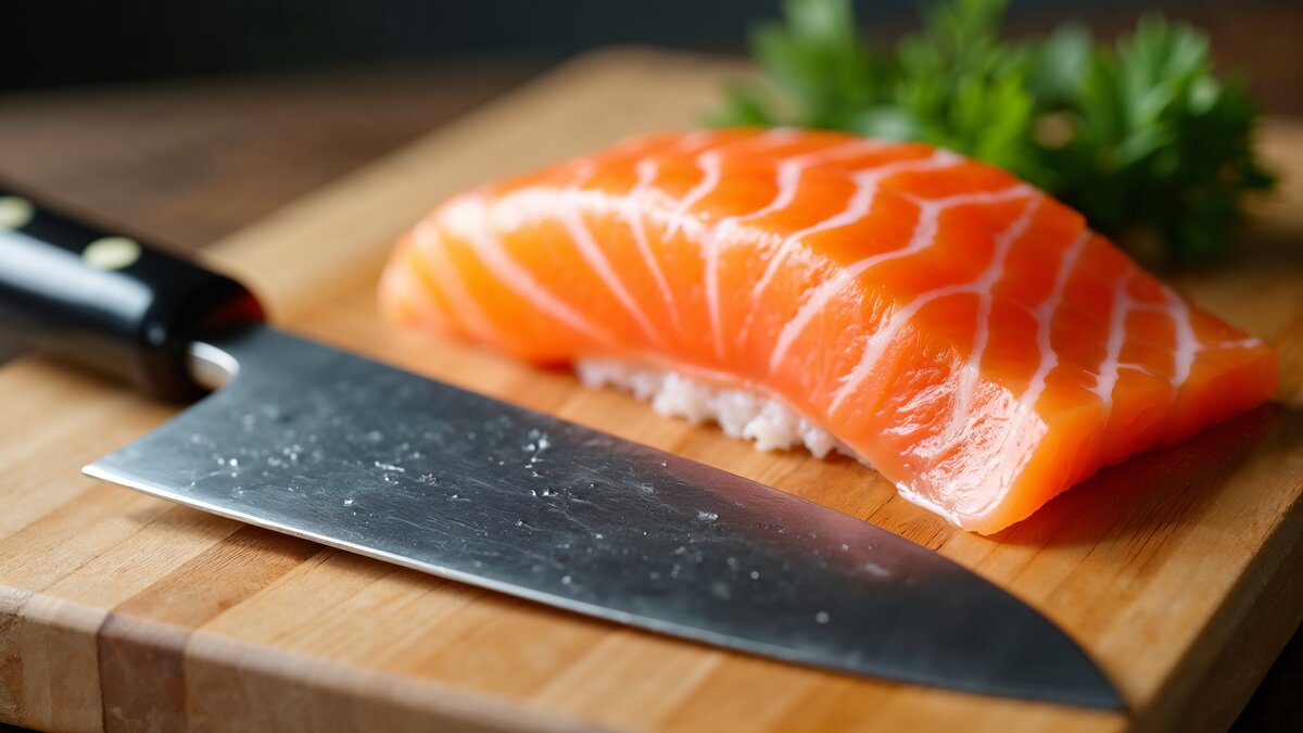 Nóż do sushi obok świeżego łososia