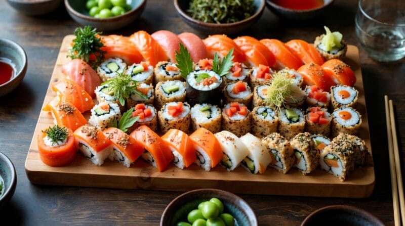 Duży plater sushi na imprezę z różnymi rodzajami rolek, nigiri i dodatkami