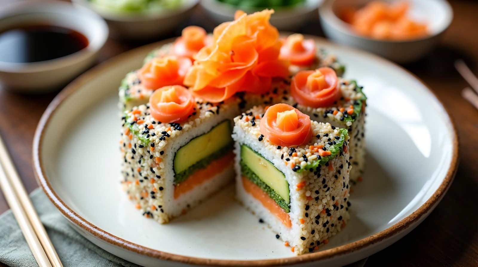 Tort sushi z wędzonym łososiem, awokado i ogórkiem, pokrojony na porcje