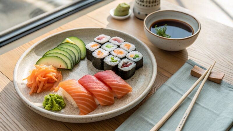 Talerz bezglutenowego sushi: sashimi, nigiri i rolki warzywne z miseczką sosu tamari