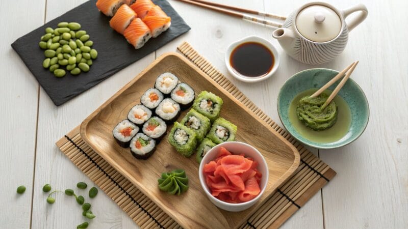 Zestaw dodatków do sushi - imbir, wasabi, sos sojowy, edamame i zielona herbata