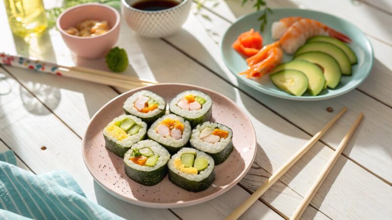 Talerz sushi dla dziecka: kolorowe rolki warzywne pokrojone na małe kawałki i gotowana krewetka