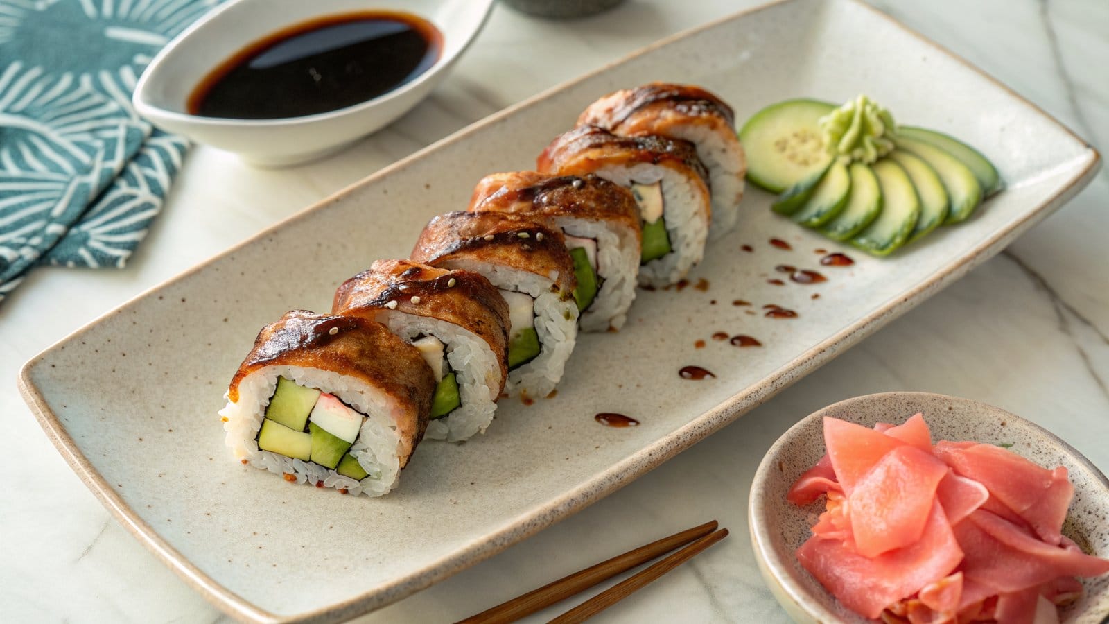 Sushi z kurczakiem teriyaki na jasnym talerzu z sosem sojowym i imbirem