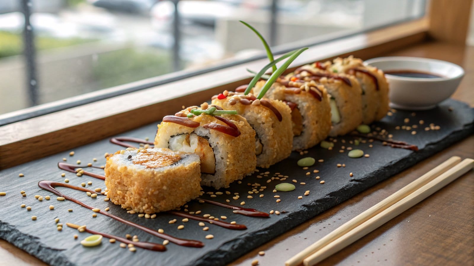 Sushi w tempurze — chrupiące smażone rolki hot roll na czarnym talerzu