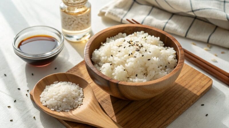 Zaprawa do sushi - miska błyszczącego ryżu z octem ryżowym
