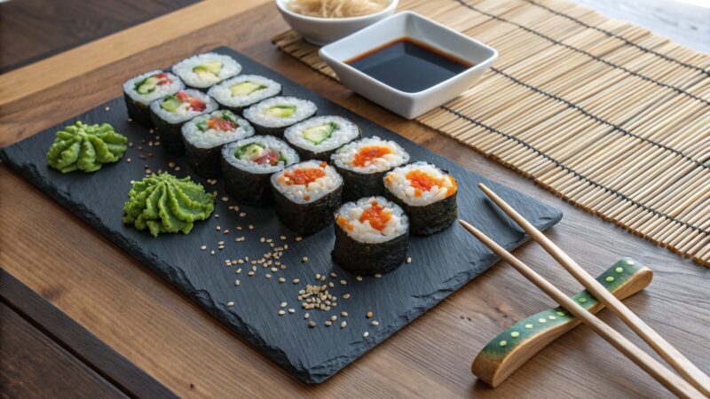 Różne rodzaje rolek sushi na łupkowej desce z matą bambusową i pałeczkami