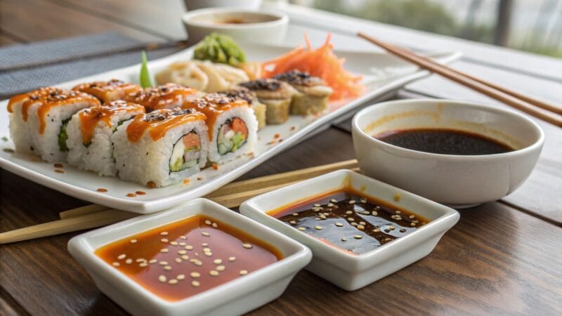 Rolki sushi z sosem i miseczki sosów do sushi